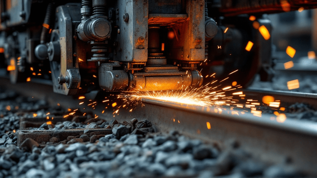 Close-up of a classification-yard retarder rail catching a wagon