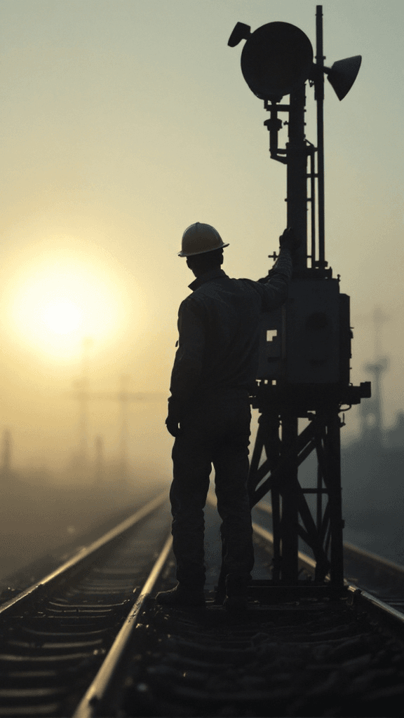 Faceless switchman silhouette on the signal tower over the classification fan